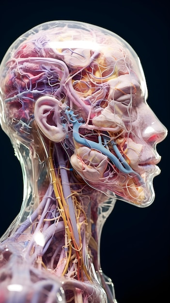 Una cabeza humana con las venas de la cabeza y el cerebro.