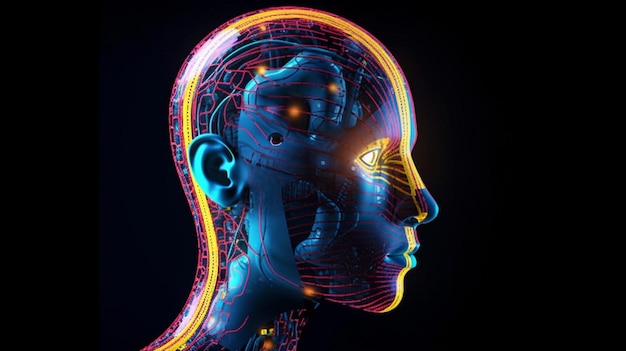 Una cabeza humanoide con ojos azules y amarillos y una colorida red neuronal de neón que significa tecnología futurista e inteligencia artificial AI generativa se muestra desde un lado