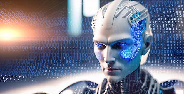 Cabeza de IA de inteligencia artificial con cara de hombre de cerebro de red neuronal en el ciberespacio Aprendizaje automático Mente de cyborg o robot en fondo binario de realidad vr