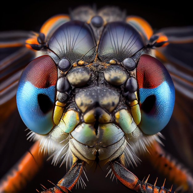 Cabeza de insecto Foto macro Libélula Primer plano Ojos facetados Caballito del diablo Resumen IA Ilustración generativa