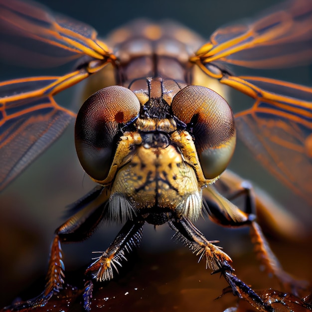 Cabeza de insecto Foto macro Libélula Primer plano Ojos facetados Caballito del diablo Resumen IA Ilustración generativa