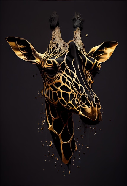 Cabeza de jirafa de cerca zoom en líneas doradas y brillando con un arte digital de brillo dorado