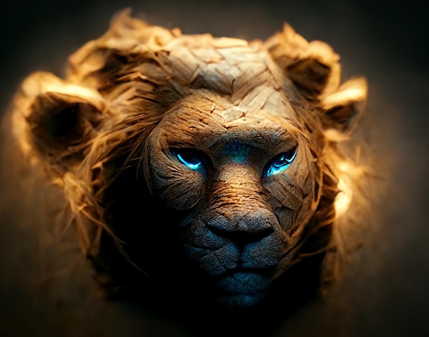 Cabeza de león arafado con ojos azules y una melena generativa ai
