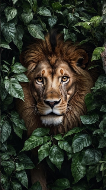 La cabeza del león asomando por detrás de la planta verde