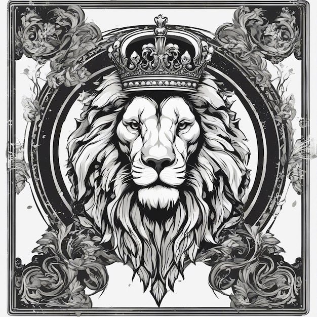 cabeza de león con corona logotipo elegante y noble sello adhesivo negro y blanco