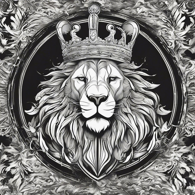 cabeza de león con corona logotipo elegante y noble sello adhesivo negro y blanco