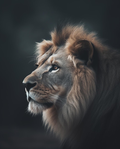 La cabeza de un león se muestra contra un fondo oscuro.
