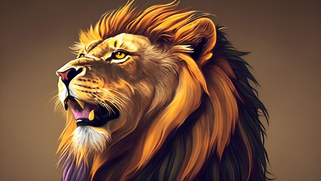 La cabeza de un león se muestra con un ojo amarillo.