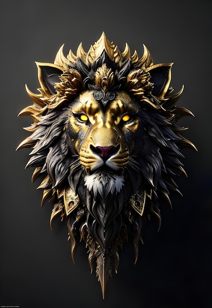 Una cabeza de león con plumas doradas y negras y una corona dorada.