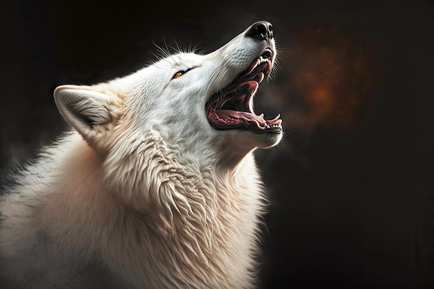 Cabeza de lobo esponjoso blanco ártico aullando a la luna sobre fondo oscuro