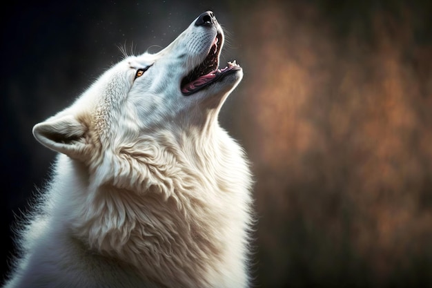 Foto cabeza de lobo esponjoso blanco ártico aullando a la luna sobre fondo oscuro