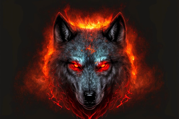Foto cabeza de lobo gris con ojos rojos en llamas sobre fondo oscuro