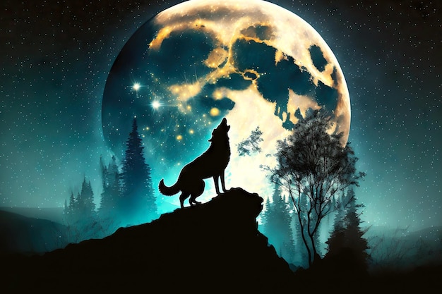 Cabeza de lobo de luna llena aullando a la luna en el bosque