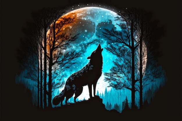 Cabeza de lobo de luna llena aullando a la luna en el bosque