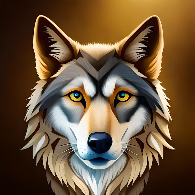 Cabeza de lobo con ojos amarillos y fondo marrón.