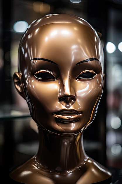 Cabeza de maniquí dorada de una modelo femenina en tono sepia con ojos brillantes y cautivadores IA generativa