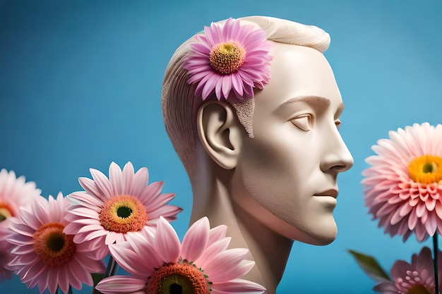 una cabeza de un maniquí con flores en el cabello.