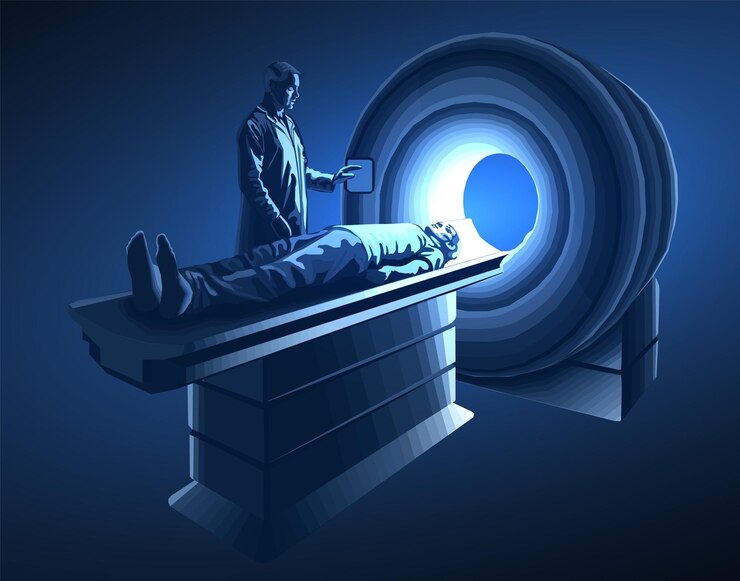 La cabeza de la máquina de resonancia magnética, la tomografía computarizada de imágenes cerebrales, la radiología diagnóstica.