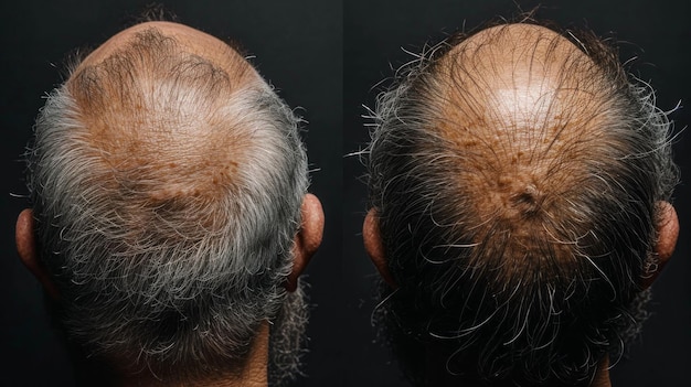 Cabeza masculina con cabeza calva y cabeza calva Trasplante y extensión de cabello Antes y después