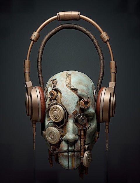 Una cabeza de metal con auriculares en su imagen generativa de ai.