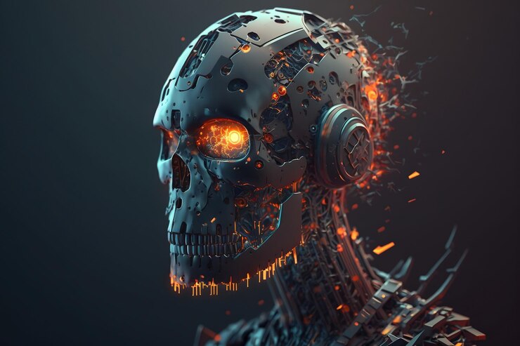 Cabeza de metal de robot con retrato de ojos ardientes Quemado en el concepto de trabajo Ai generativo