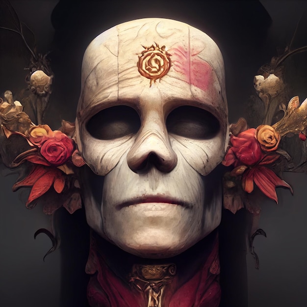 Cabeza de momia. Personaje ficticio con cara de calavera. Villano de un mundo de fantasía. El rostro de la muerte.