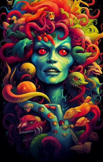 Foto cabeza de monstruo de medusa con serpientes criatura del mito griego ilustración retro pop art estilo cómic