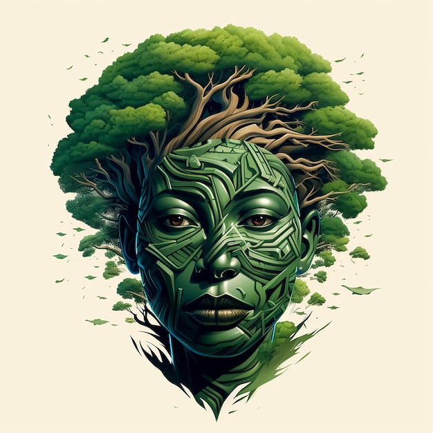 Cabeza de mujer africana en hojas de árbol