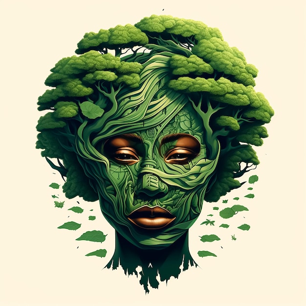 Cabeza de mujer africana en hojas de árbol