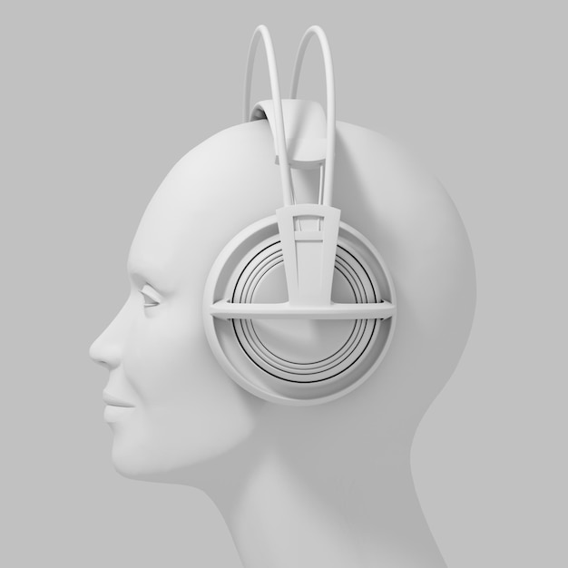 Cabeza de mujer con auriculares sobre fondo blanco.