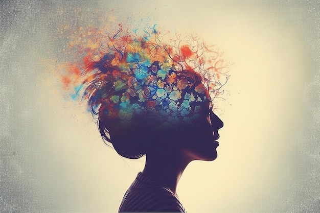 La cabeza de una mujer con un diseño colorido y la palabra mente en ella.