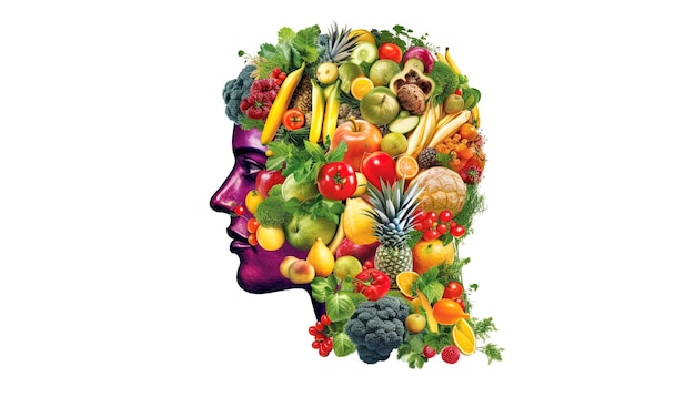 Foto una cabeza de mujer con frutas y verduras