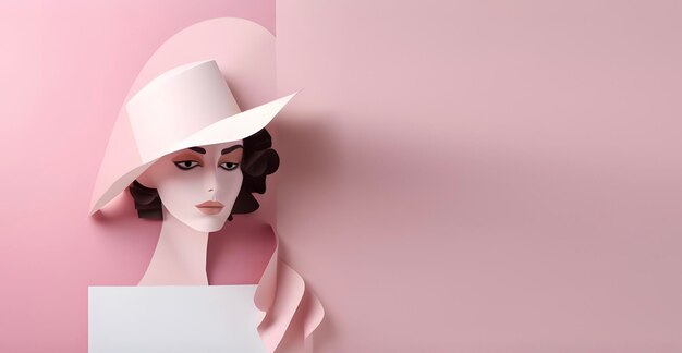 Cabeza de mujer hermosa con sombrero sobre papel de fondo rosa pastel espacio de copia libre de arte AI generativa