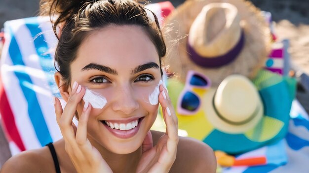 Foto cabeza de mujer joven con crema protector solar en la cara rodeada de accesorios de playa