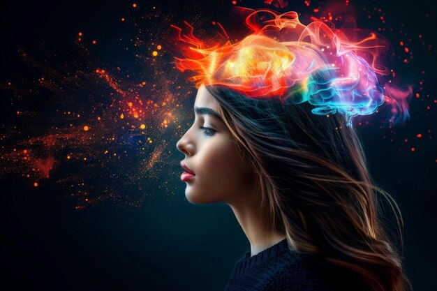 La cabeza de una mujer liberando humo de colores que simboliza la imaginación y la creatividad