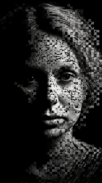Foto la cabeza de una mujer se rompe en pequeños cuadrados arte imagen negra ai generativa