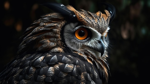 La cabeza negra de un búho crece en el cuerpo de un ratón y las manos son patas de pollo.