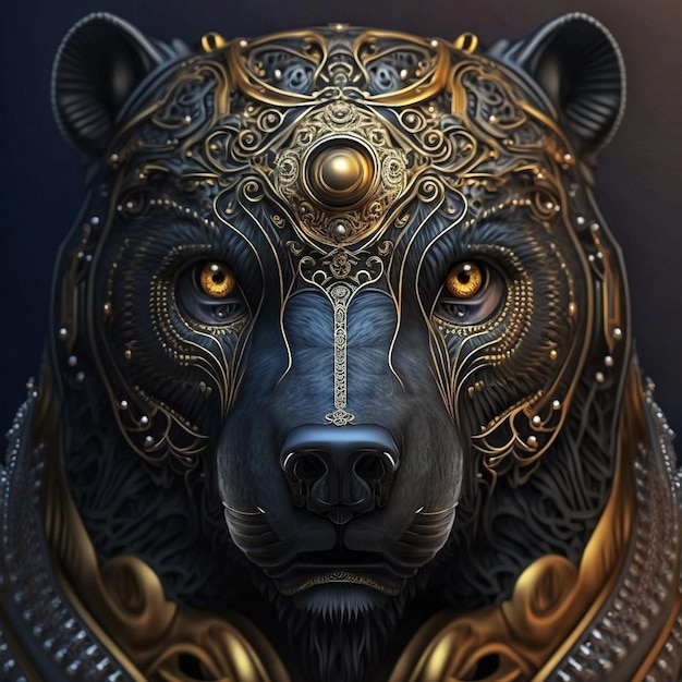 Cabeza de oso con detalles en oro y plata.