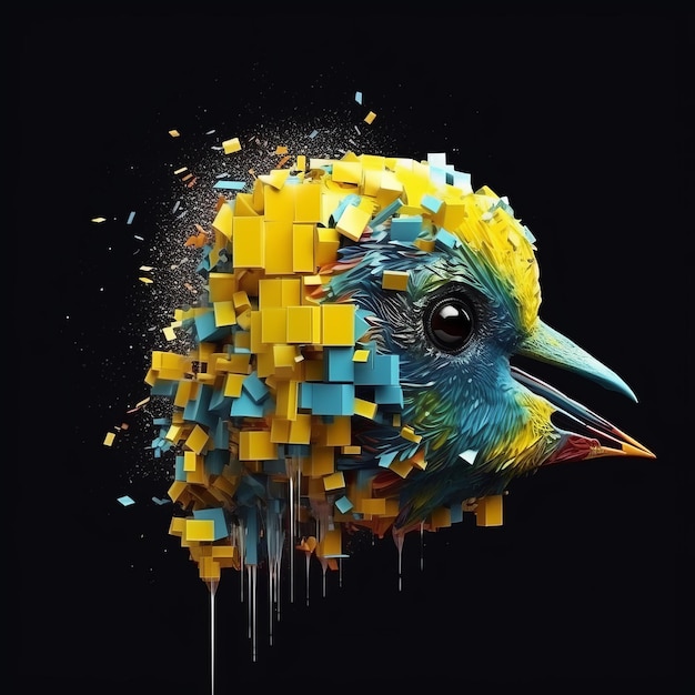 cabeza de pájaro en cubos 3d y explosión multicolor