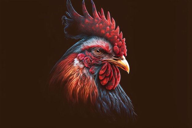 Foto cabeza de pájaro de retrato de gallo rojo sobre fondo oscuro