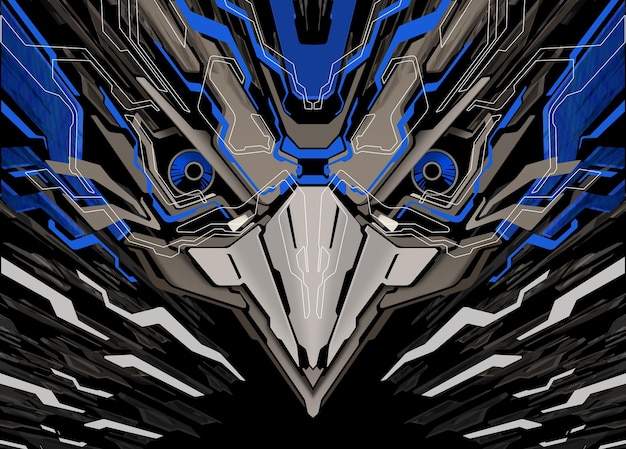 Cabeza de pájaro robótico futurista Mecha azul gris claro metálico
