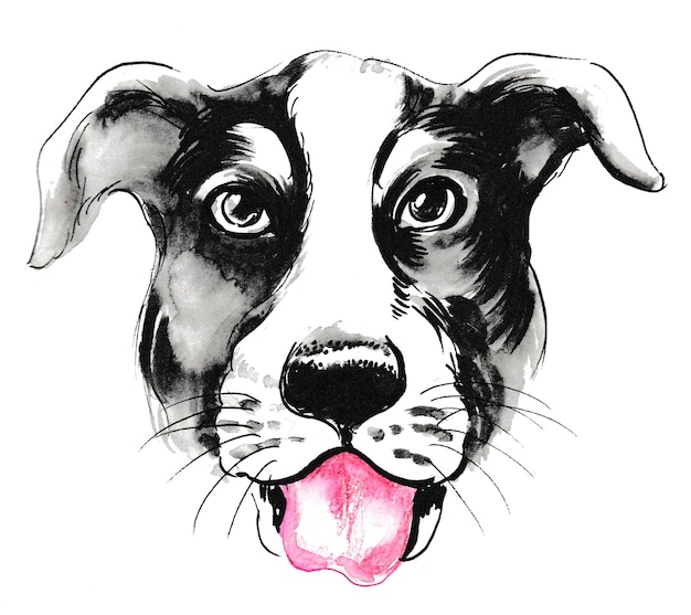 Cabeza de perro. Dibujo a tinta en blanco y negro