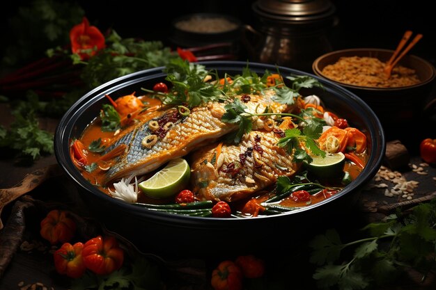 Cabeza de pescado al curry con verduras de colores