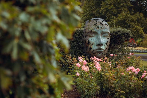 Una cabeza de piedra con cara en el jardín.