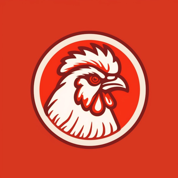 Una cabeza de pollo en un círculo con un fondo rojo.