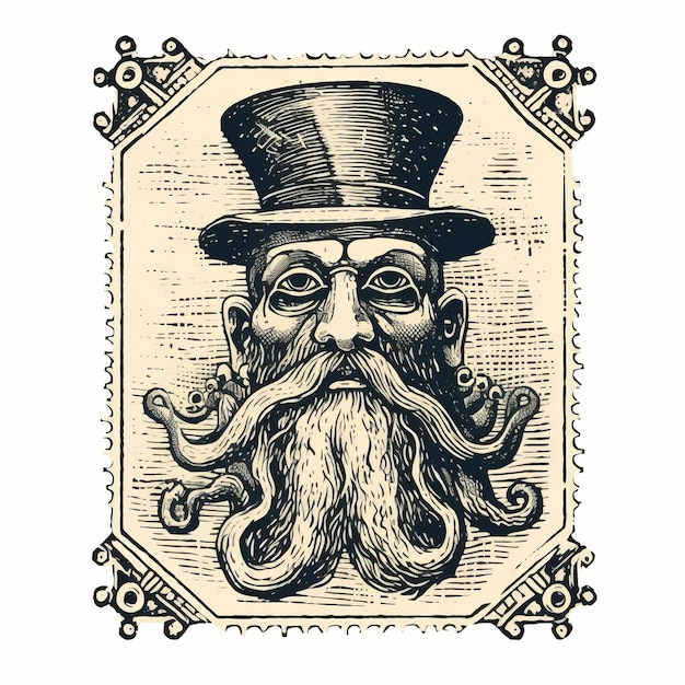 Foto cabeza de pulpo vintage con barba diseño de póster de ilusionista óptico