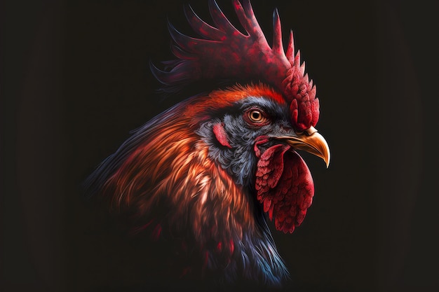 Cabeza de retrato de gallo agresivo rojo sobre fondo oscuro