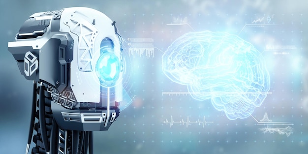 Cabeza de robot cyborg con imagen de holograma cerebral redes neuronales Inteligencia artificial Tecnologías modernas de redes neuronales Representación 3D Ilustración 3D