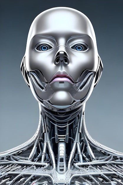 Una cabeza de robot femenino con un ojo azul y una nariz rosada.