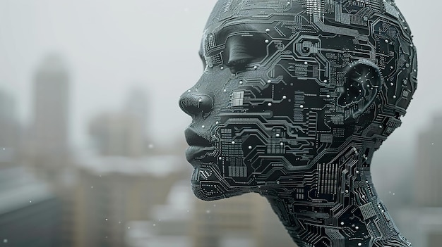 Cabeza de robot humanoide de IA futurista con patrones de circuito